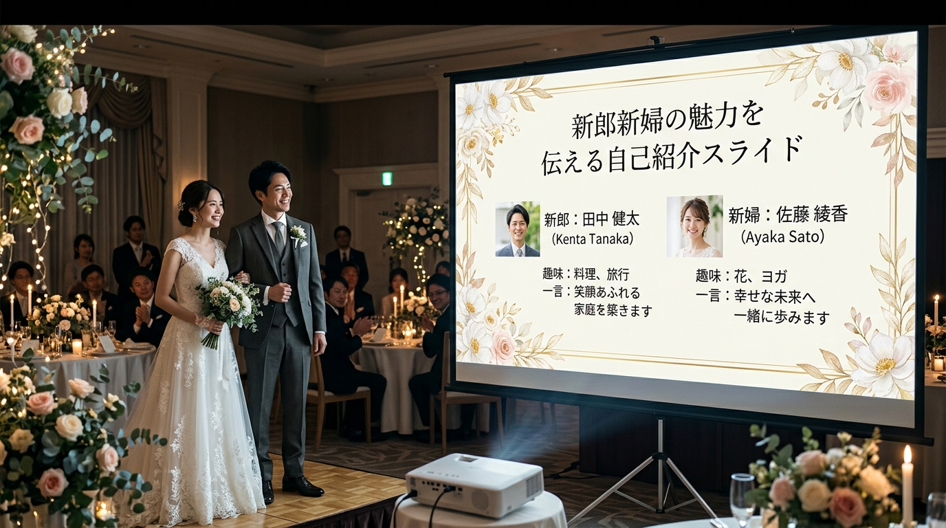 PowerPointで制作された新郎新婦自己紹介スライドの上映画面スチル