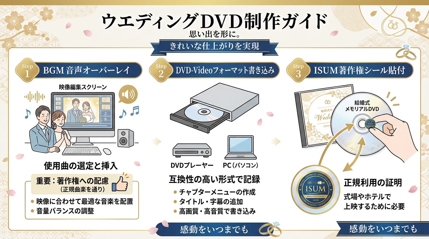 スマホパワポ動画へのBGM音楽合成と式場DVD焼き付け注意点図解