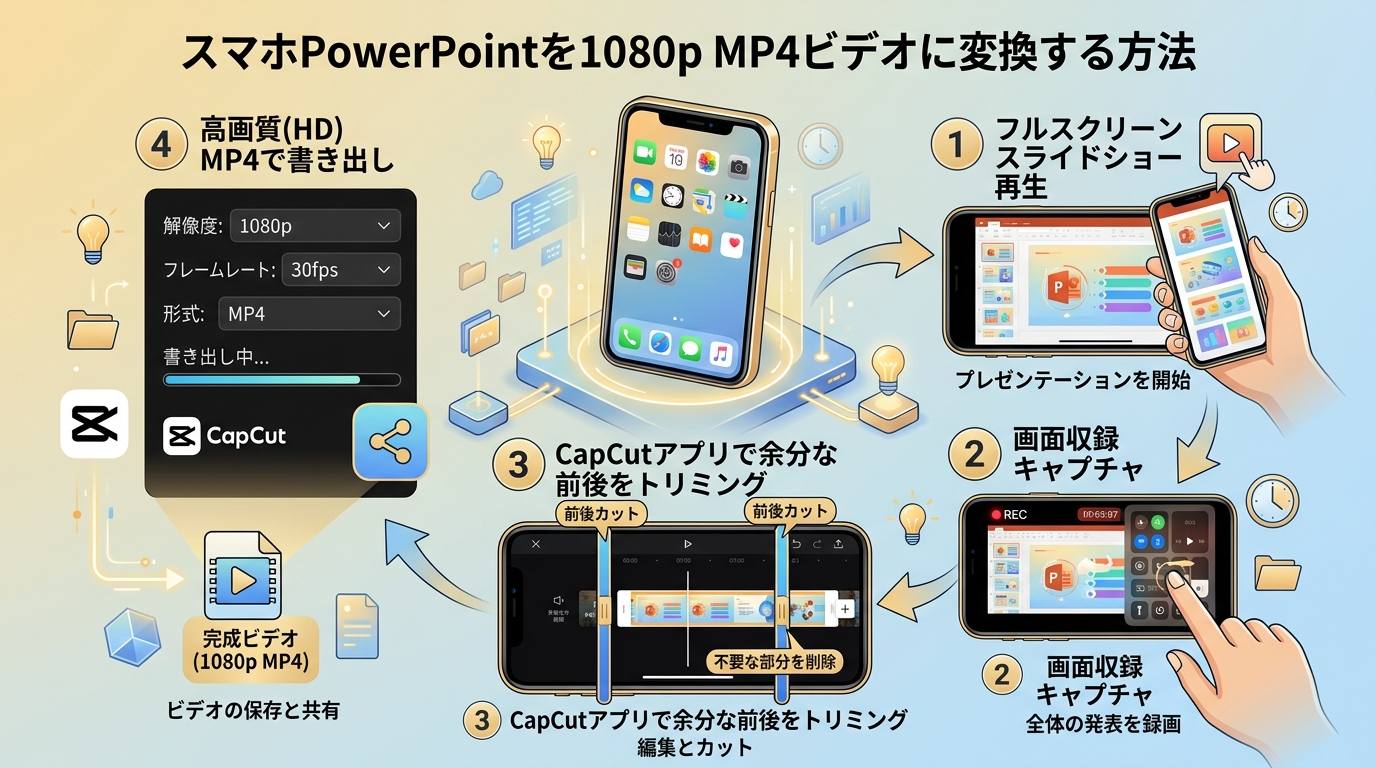 スマホPowerPointから高画質1080p MP4動画ファイルへの出力変換手順図解