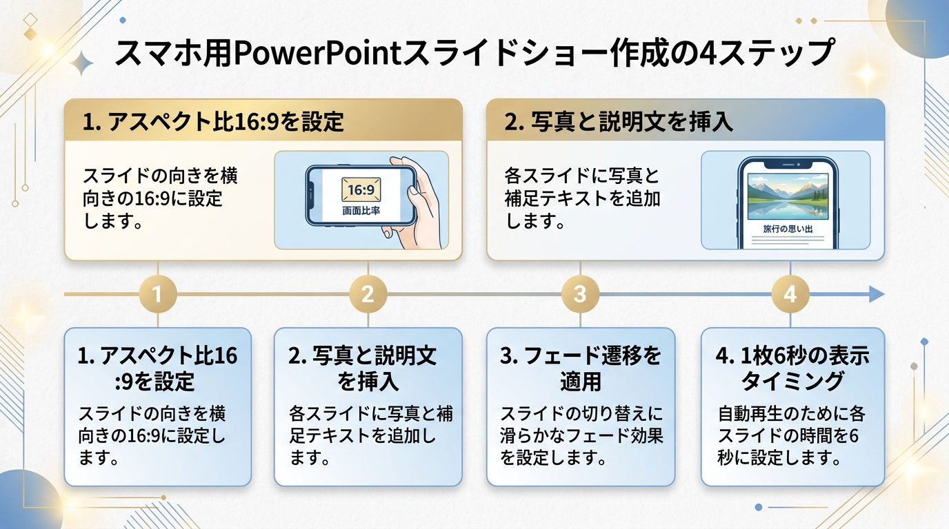 スマホ版PowerPointでのスライド作成・写真挿入・画面切り替え4ステップ図解