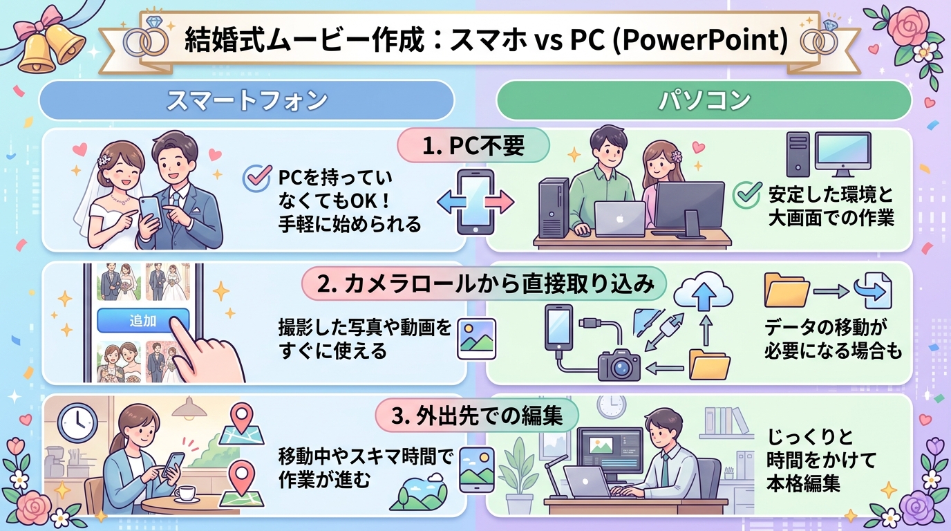 スマホ版PowerPointで作る結婚式プロフィールムービーのメリット比較図解