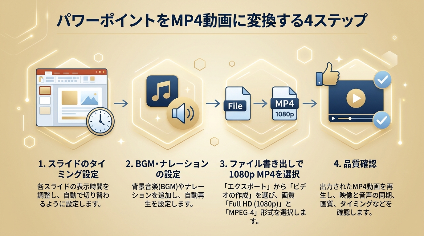 PowerPointからMP4動画を出力する4ステップ手順図解
