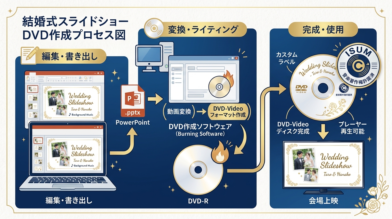 PowerPoint動画の式場用DVD-Video形式焼き付けとISUM許諾申請図解