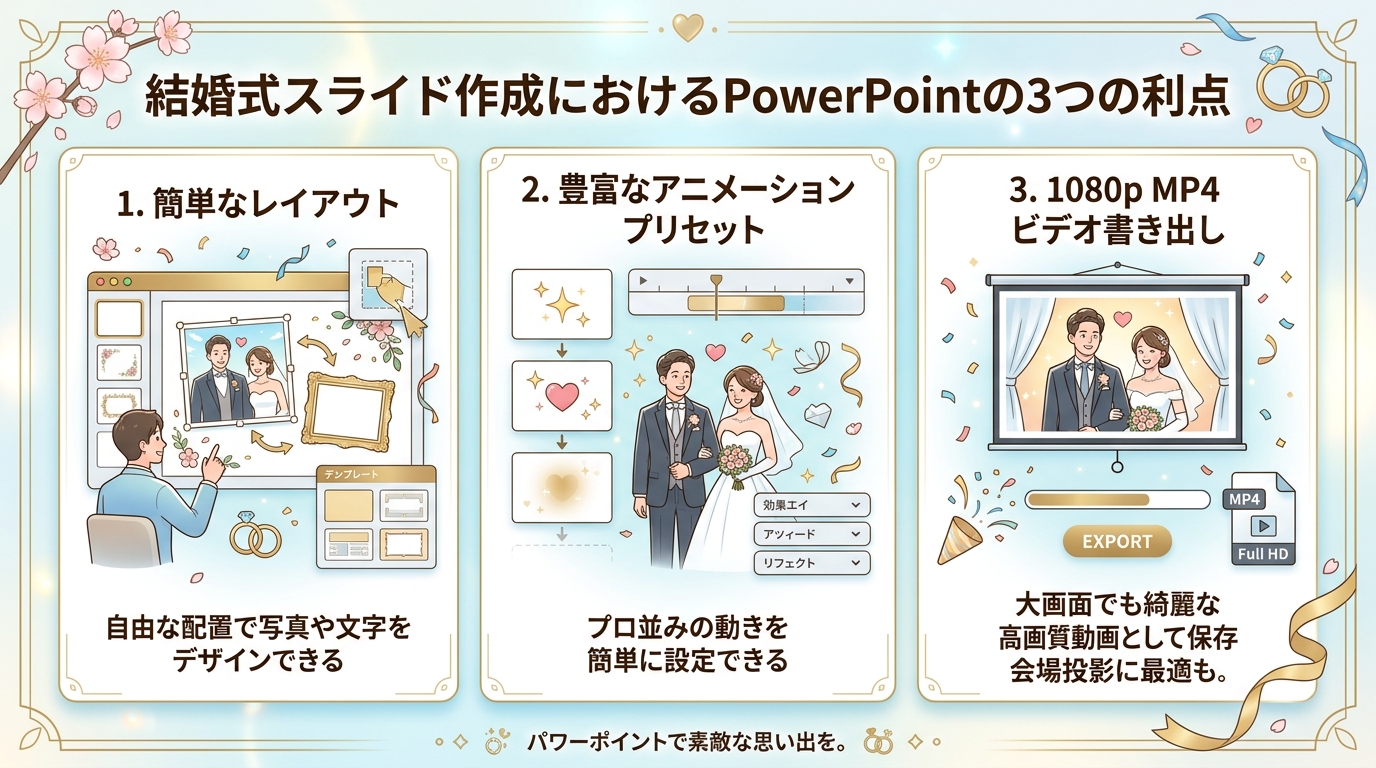 PowerPointで結婚式プロフィールムービーを自作する3大メリット図解