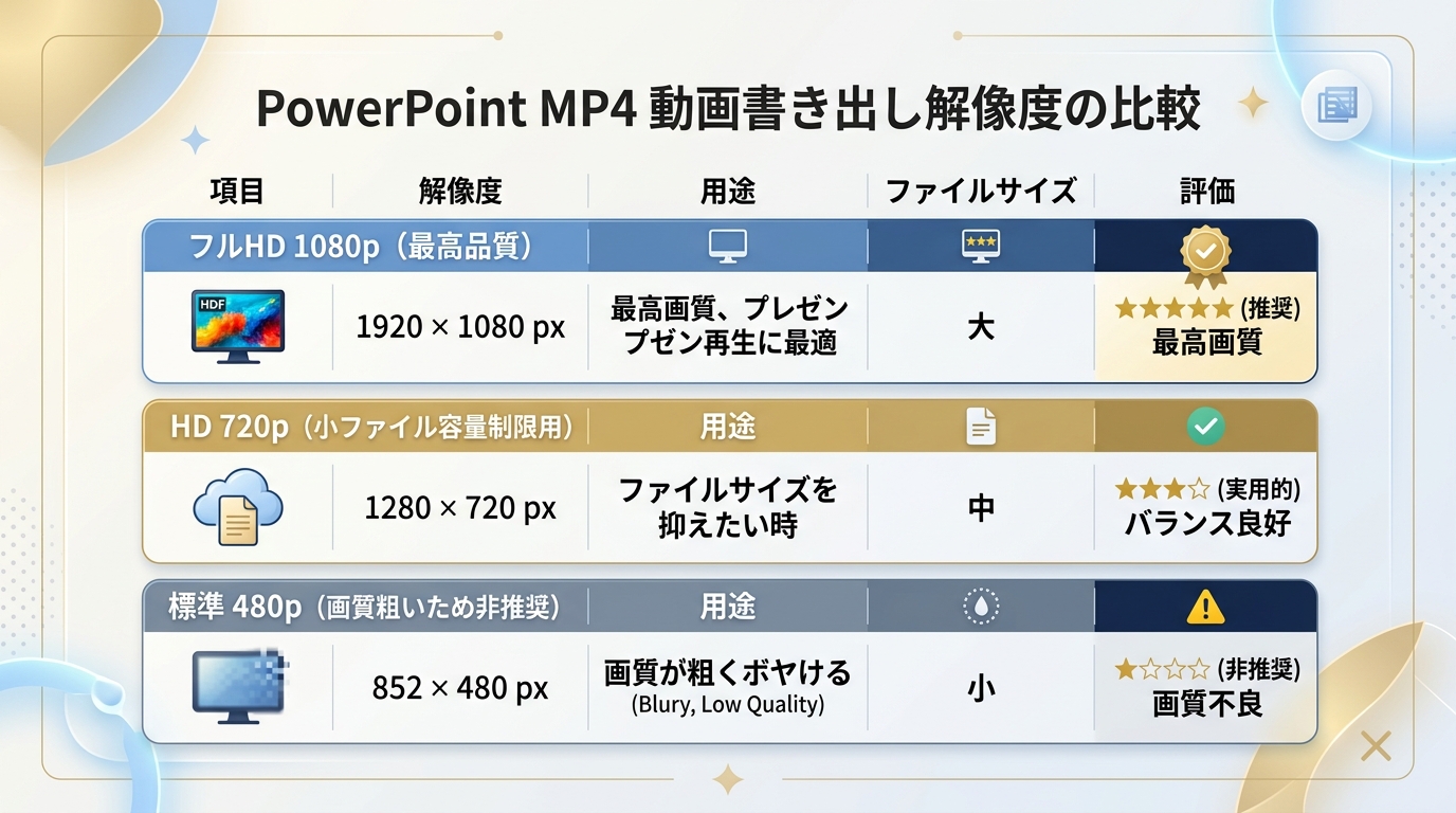 PowerPoint MP4出力解像度(1080p/720p/480p)の画質と容量比較図解