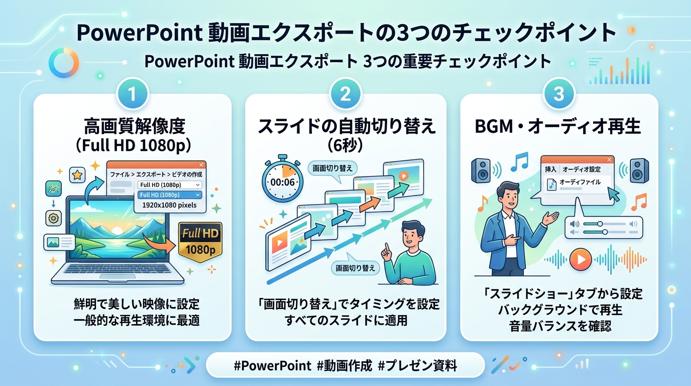 PowerPointから高画質MP4動画をエクスポートする際の3大チェックポイント図解