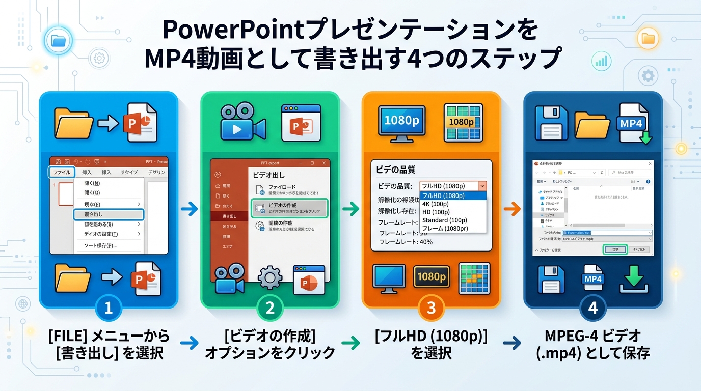 PowerPointからのMP4動画書き出し4ステップ操作手順図解