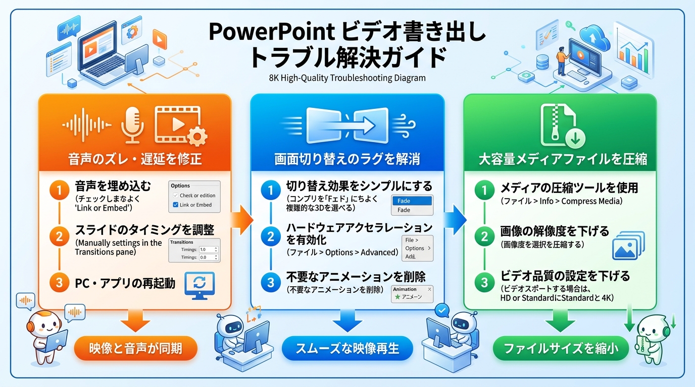 PowerPoint動画保存時の音ズレ・画質劣化・黒帯解消トラブルシューティング図解