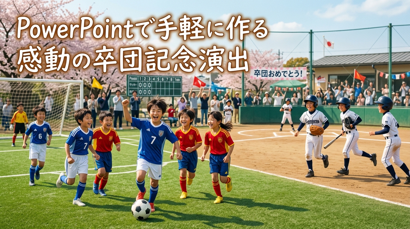 PowerPointで制作された少年スポーツクラブ卒団記念ムービーの上映画面スチル