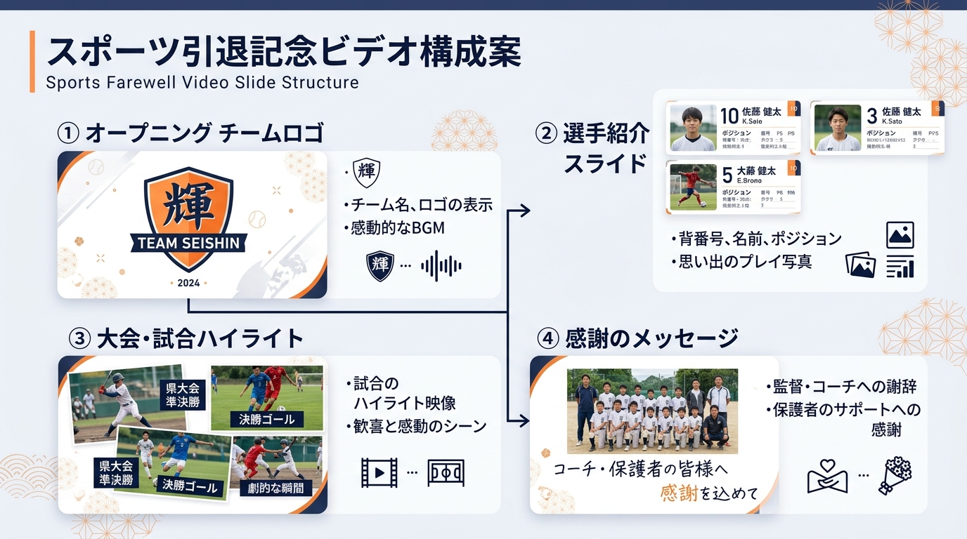 卒団記念ムービーの4章構成（オープニング・選手紹介・試合・メッセージ）スライド設計図解