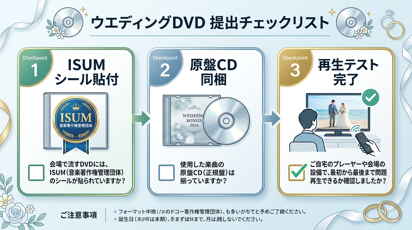 式場提出用DVDディスクへのISUM許諾シール貼付確認図解