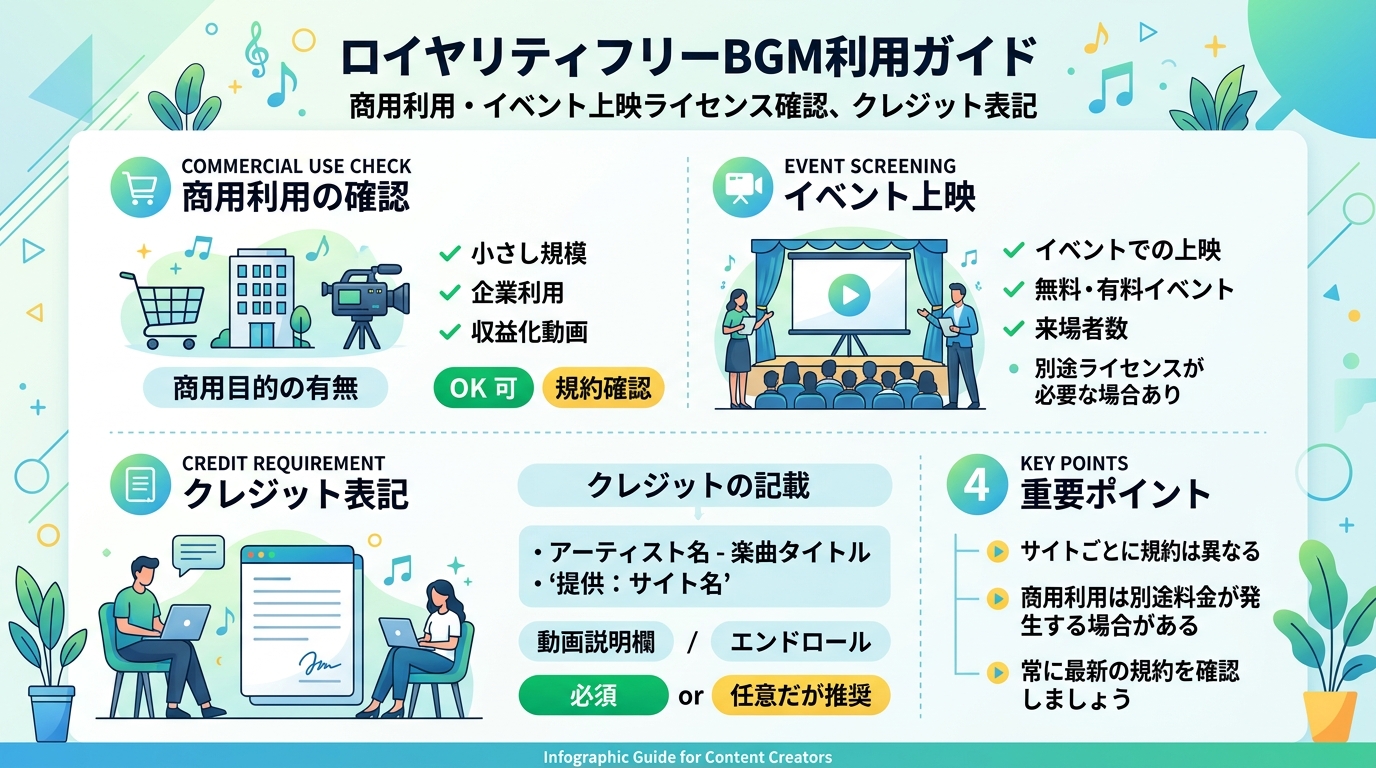 ロイヤリティフリーBGM利用時の商用上映・クレジット表記ルール図解