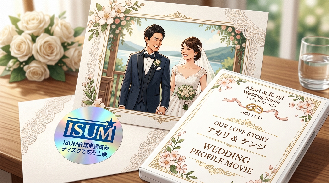 ISUM著作権許諾シール貼付済みの結婚式プロフィールムービー上映画面スチル
