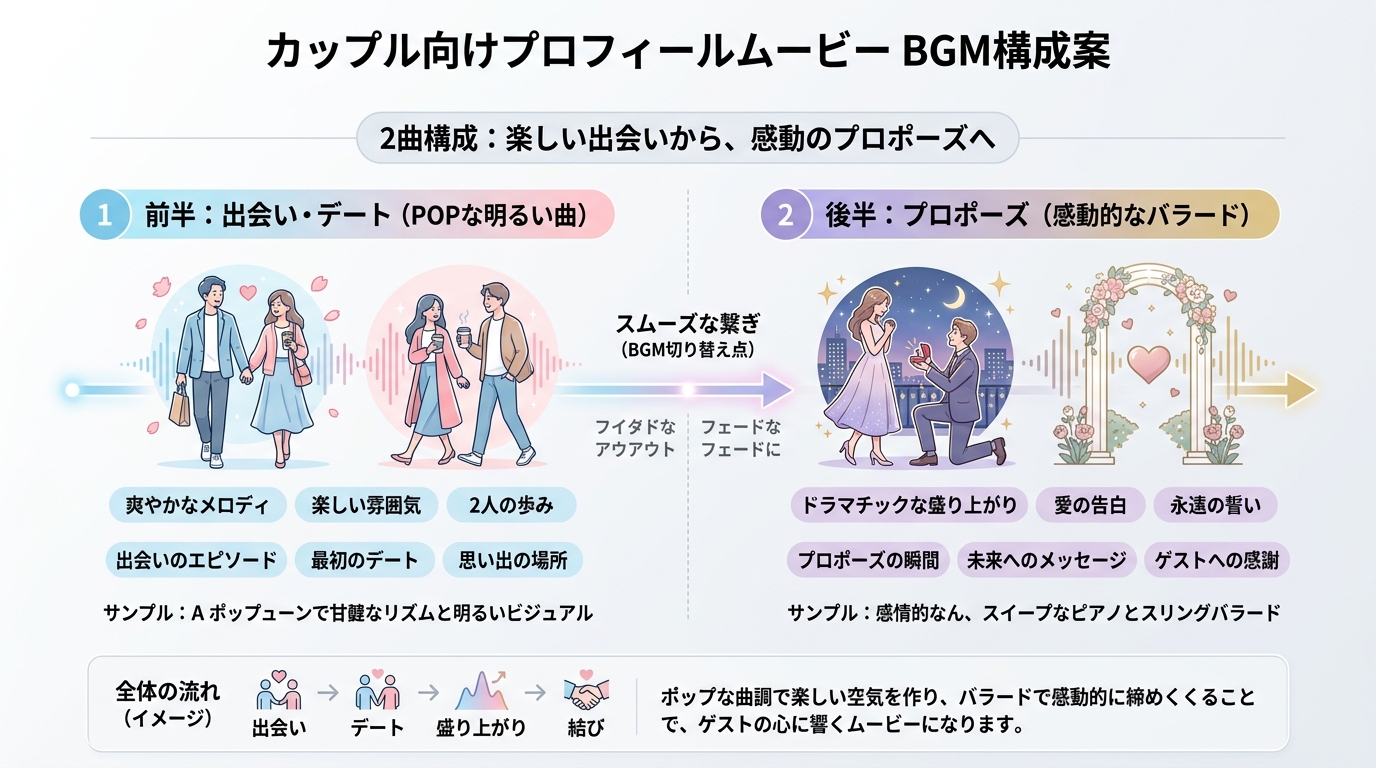 二人メイン型プロフィールムービーの2曲BGM選曲と展開図解