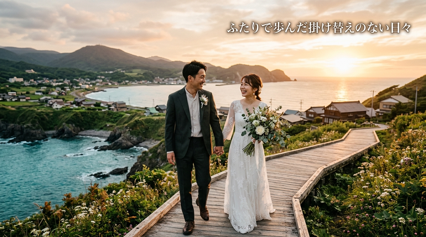 前撮り写真とメッセージで構成されたプロフィールムービーの上映画面スチル