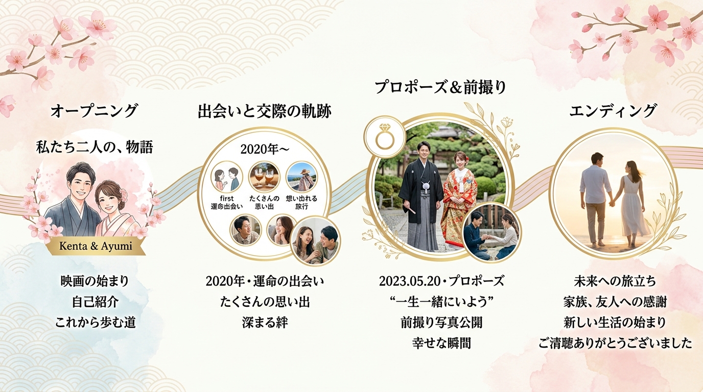 生い立ち省略・二人写真中心のプロフィールムービー構成タイムライン図解