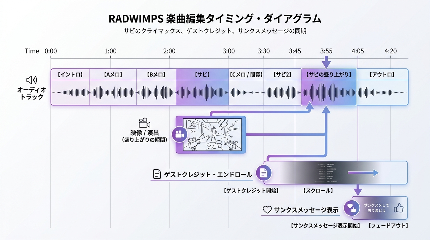 RADWIMPSの曲のサビとゲストロールエンドクレジットの同期編集図解