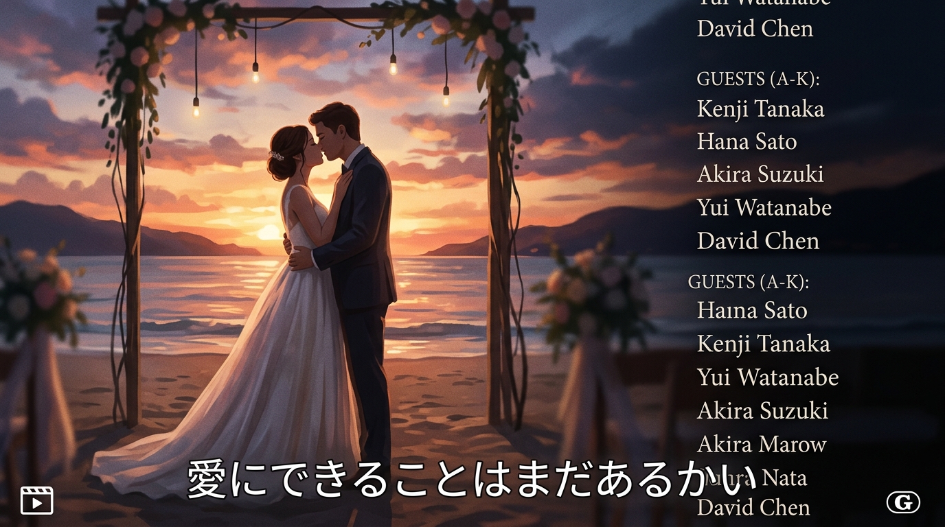 RADWIMPSの曲に合わせた結婚式エンドロールムービー上映画面スチル