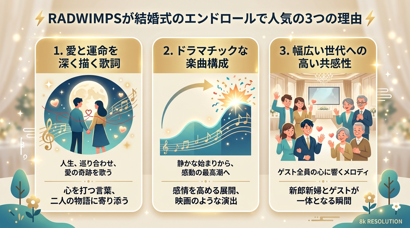 RADWIMPSが結婚式エンドロールで選ばれる3つの理由図解