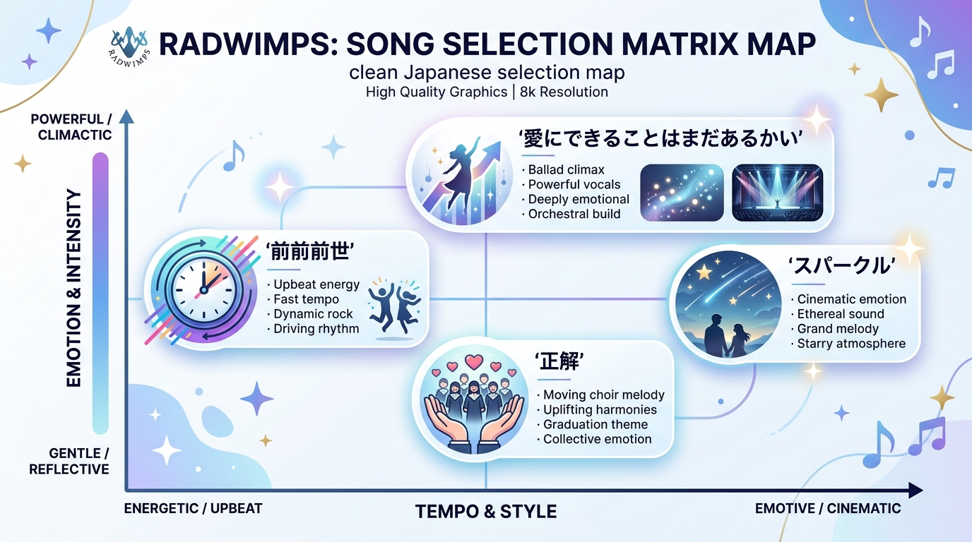 RADWIMPS人気曲のエンドロール雰囲気別選曲マップ図解