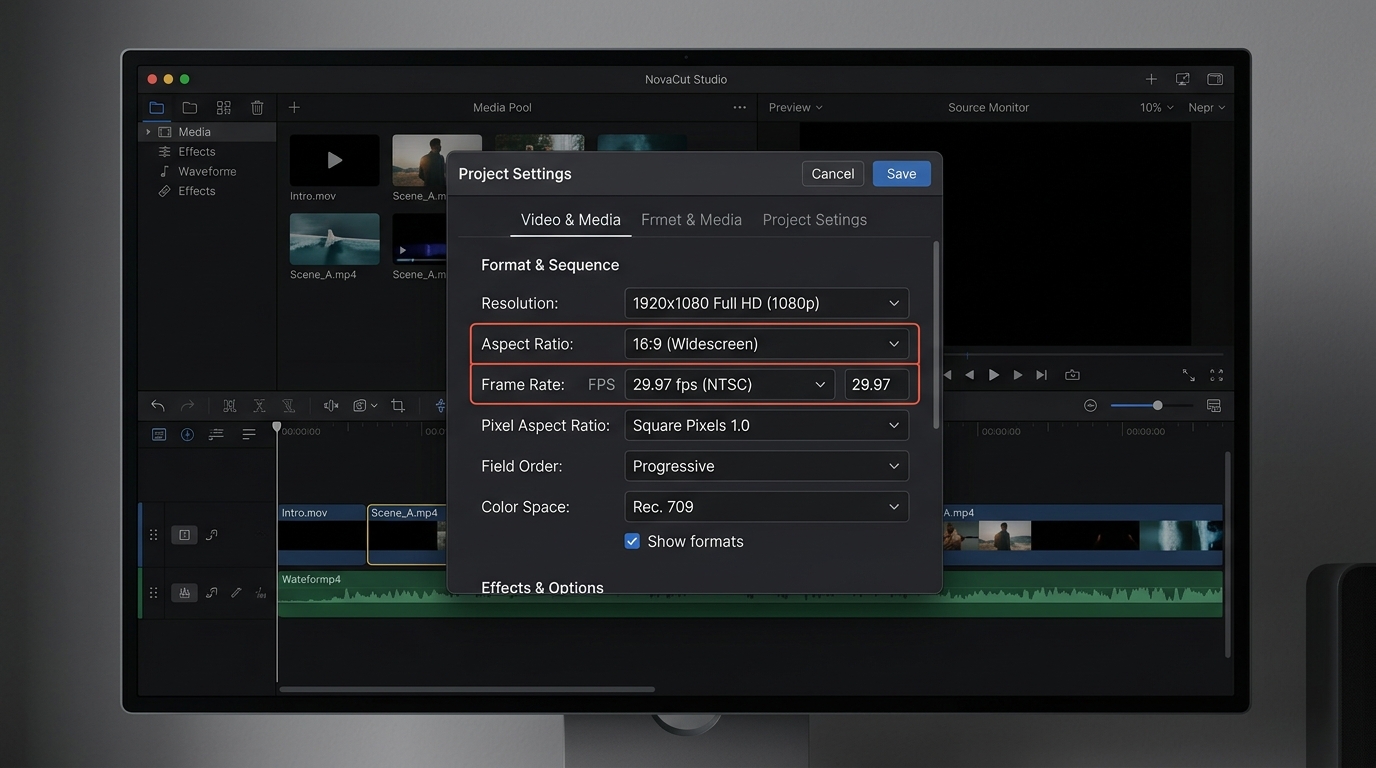 動画編集ソフトのアスペクト比16:9およびフルHD解像度設定スチル