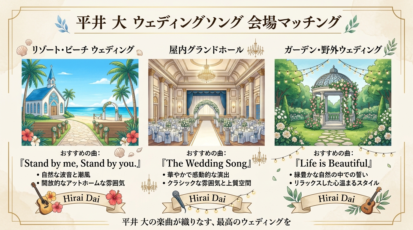 リゾート婚・屋内式場・ガーデン婚別平井大BGMスタイルマッチング図解