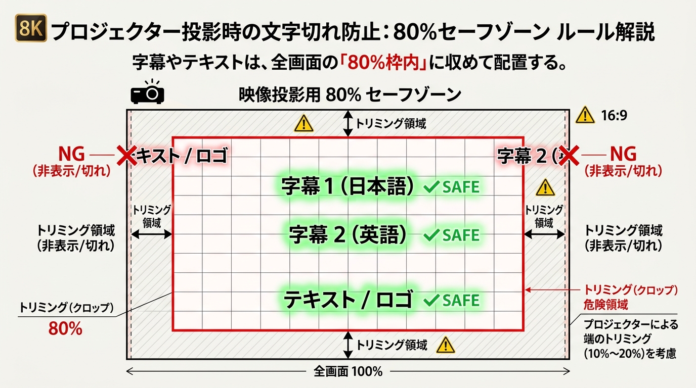 字幕テロップの端切れを防ぐ80%セーフゾーン(安全表示領域)配置ルール図解