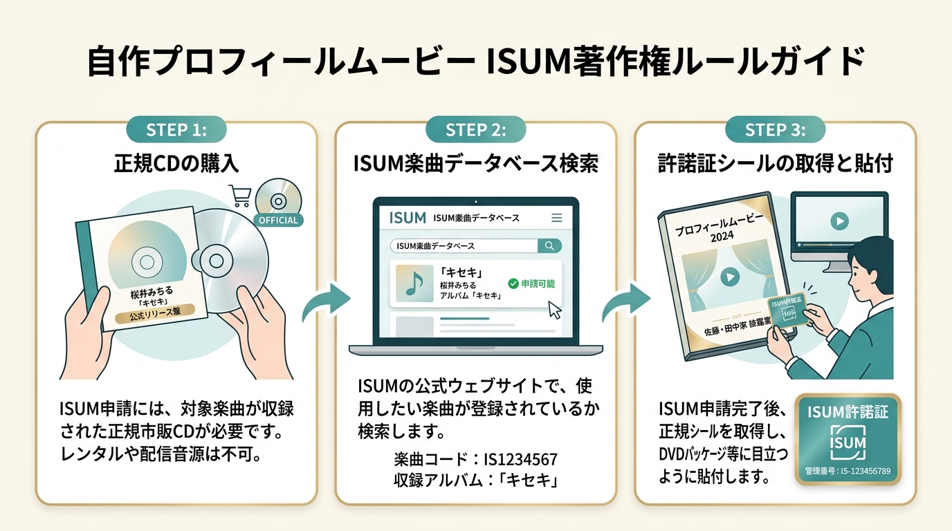 自作プロフィールムービーのISUM著作権申請と正規CD原盤購入手順図解