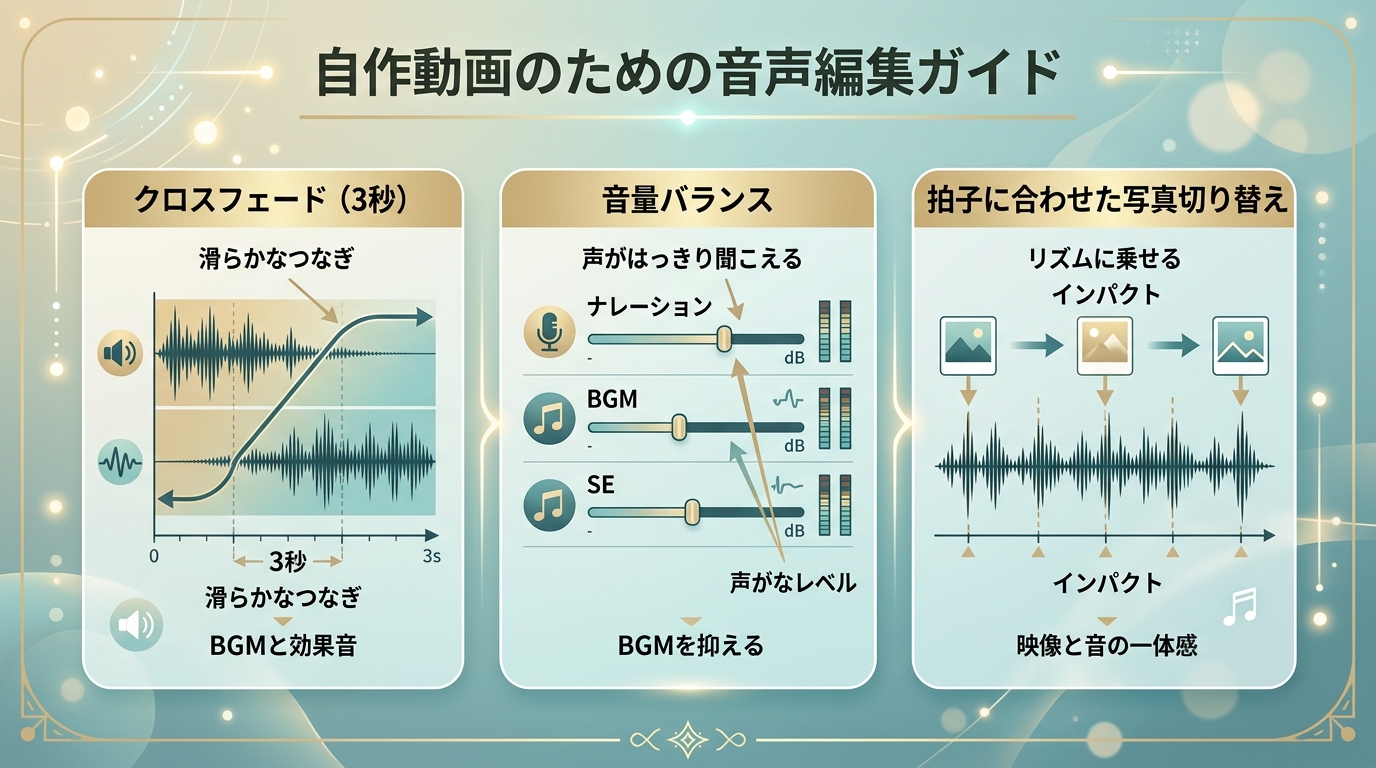 曲と曲の間の3秒クロスフェードとBGM音量バランス調整図解