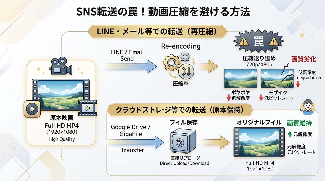 LINEやメール送信による動画画質再圧縮劣化トラブルとクラウド共有図解