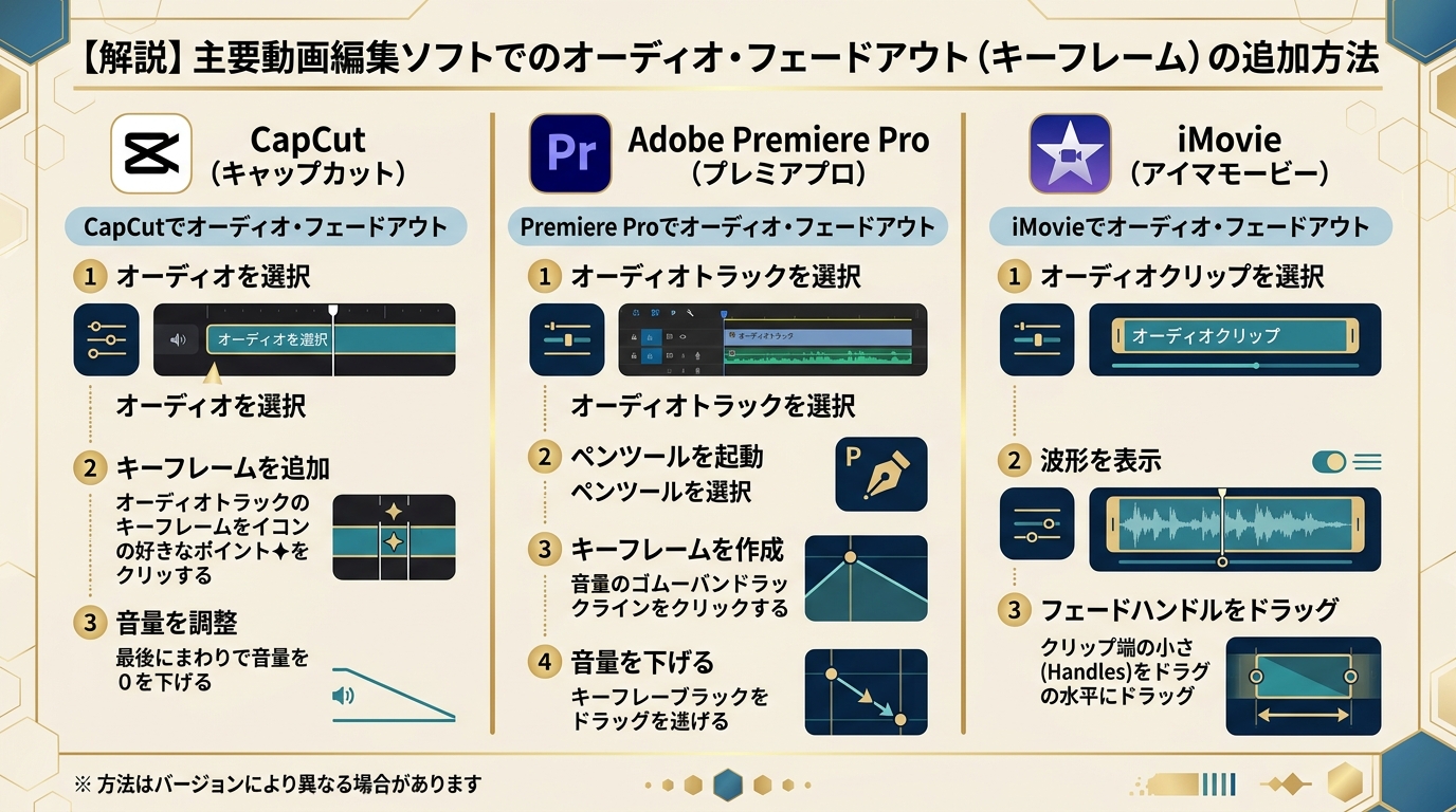CapCut・Premiere Pro・iMovieの音声キーフレーム設定画面比較図解