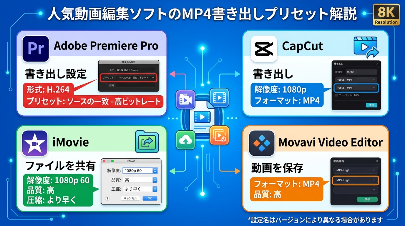 主要動画編集ソフト（Premiere Pro/CapCut/iMovie/Movavi）のMP4プリセット設定図解