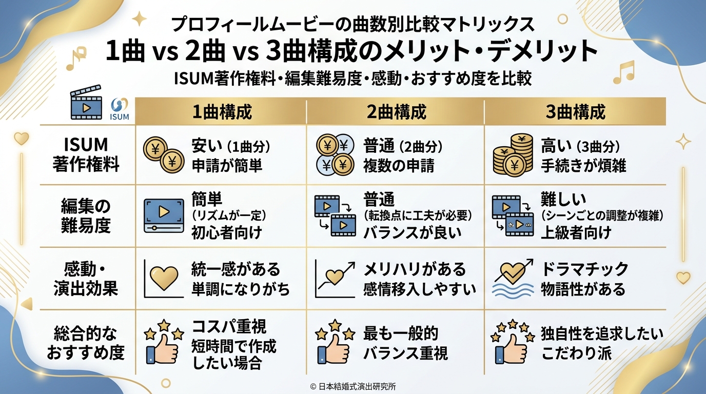 プロフィールムービー1曲構成・2曲構成・3曲構成の比較図解