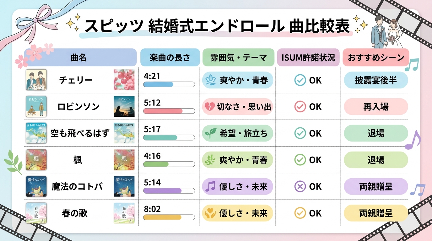 スピッツ結婚式エンドロールおすすめ人気曲・リリース年・尺・ISUM料金比較表