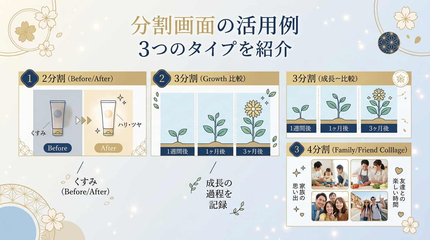 プロフィールムービー画面分割の3大パターン(2分割・3分割・4分割)図解
