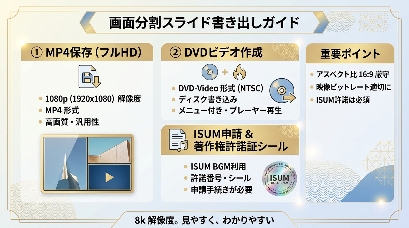 PowerPoint画面分割スライドのフルHD 1080p MP4出力とDVDオーサリング図解