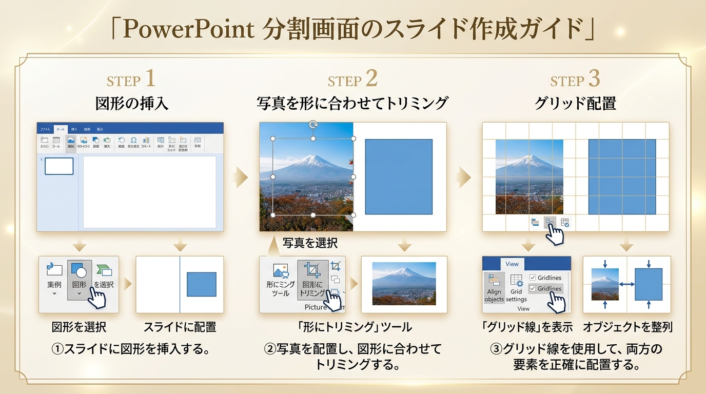 PowerPoint図形挿入&写真トリミングによる画面分割作成4ステップ図解