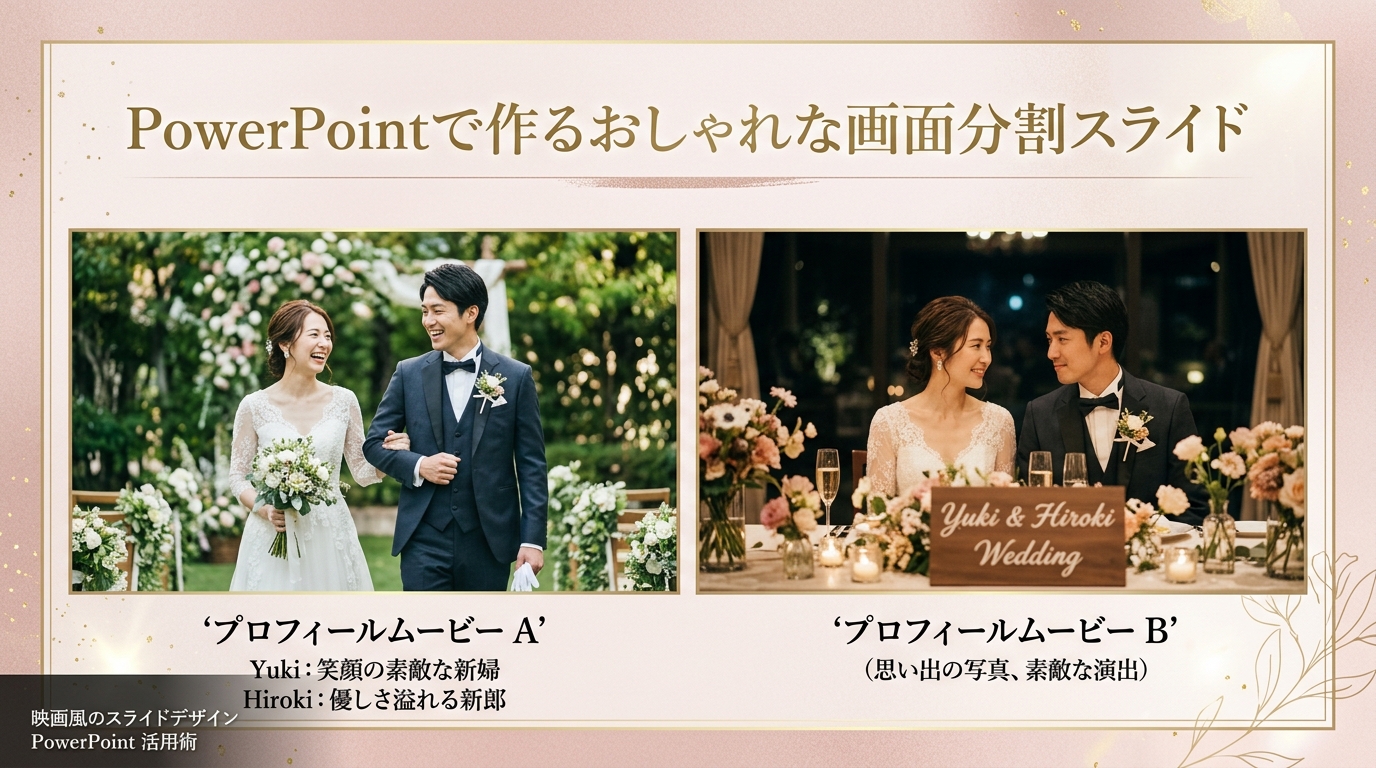 PowerPointで制作されたプロフィールムービー画面分割スライドの上映画面スチル
