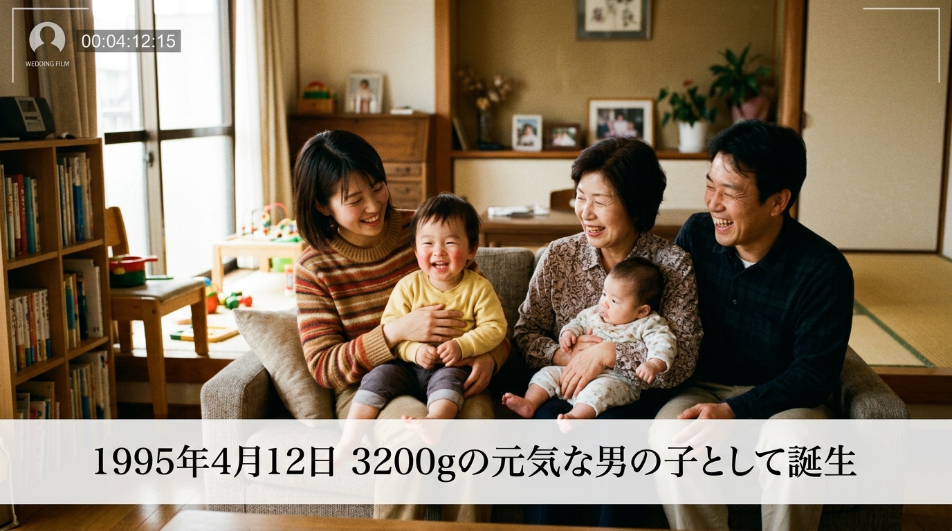 誕生・幼少期プロフィールムービー画面一コマ実例(写真と字幕テロップ配置)