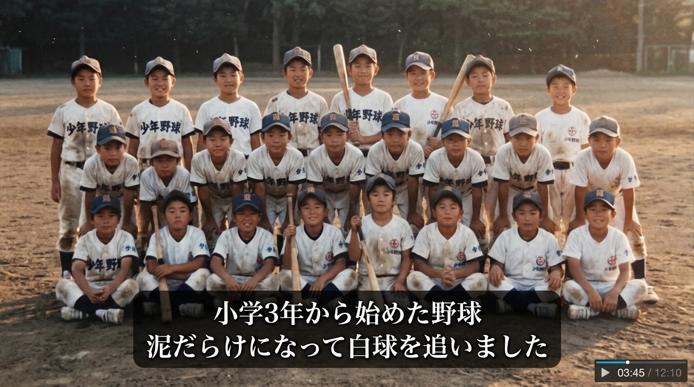 小中学校時代スポーツ友人プロフィールムービー画面一コマ実例(写真と字幕テロップ配置)