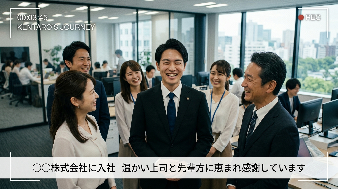 社会人現在プロフィールムービー画面一コマ実例(写真と字幕テロップ配置)