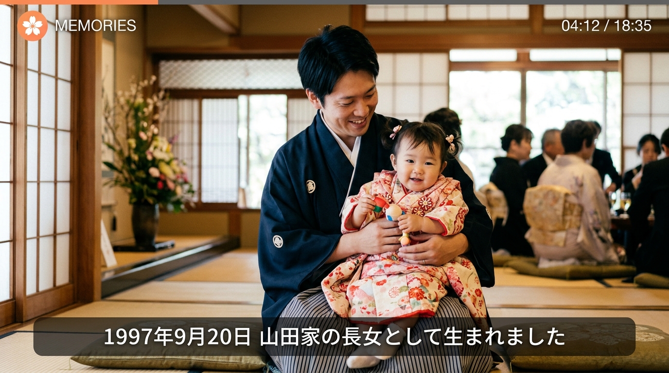 新婦誕生幼少期プロフィールムービー画面一コマ実例(写真と字幕テロップ配置)