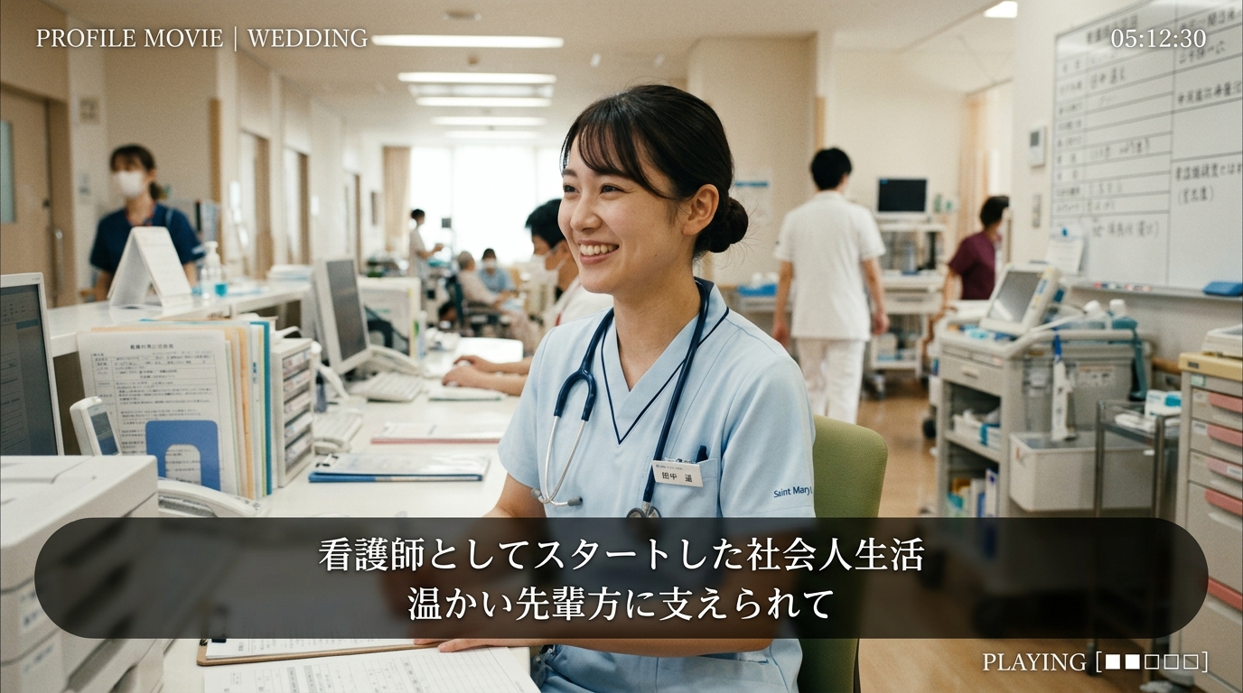 新婦社会人現在プロフィールムービー画面一コマ実例(写真と字幕テロップ配置)