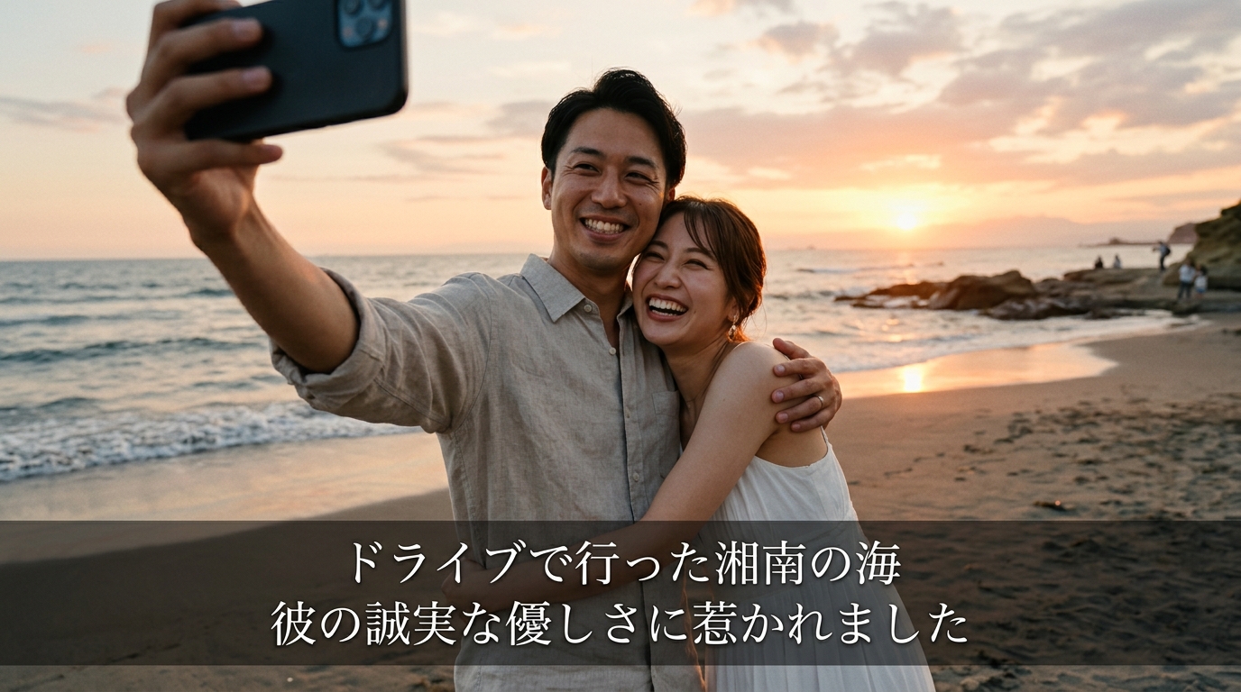 ツーショット出会いデート決意プロフィールムービー画面一コマ実例(写真と字幕テロップ配置)