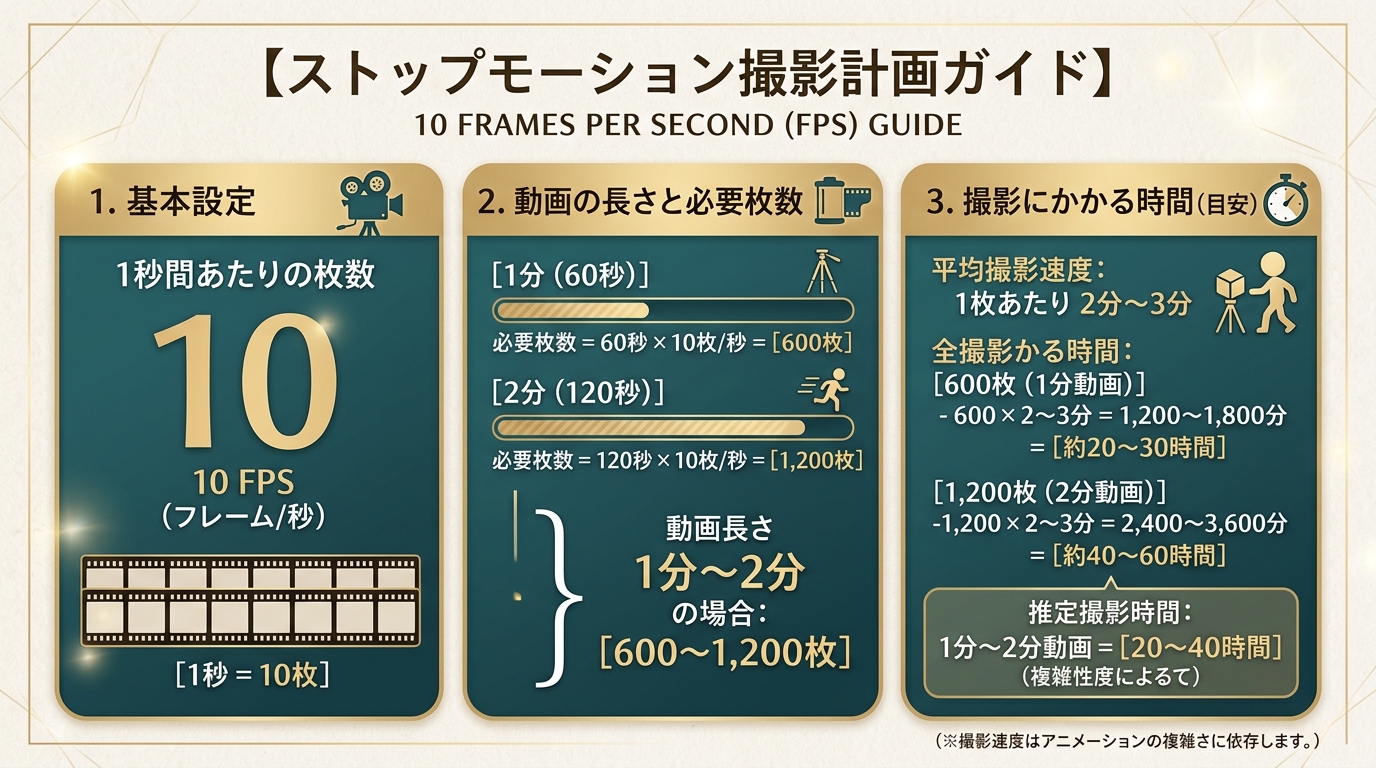コマ撮りアニメーションの写真必要枚数(1秒10コマ=600〜1,200枚)計算図解