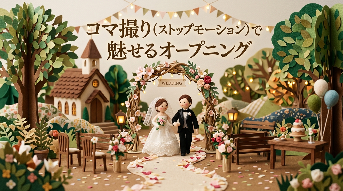 コマ撮りで制作された結婚式オープニングムービーの上映画面スチル