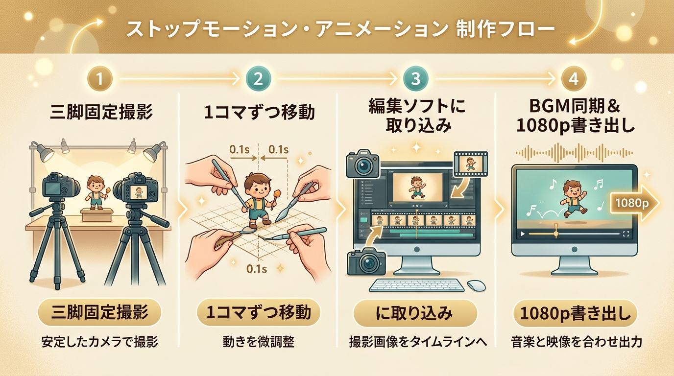 コマ撮りムービー撮影&連続写真結合の4ステップ手順図解