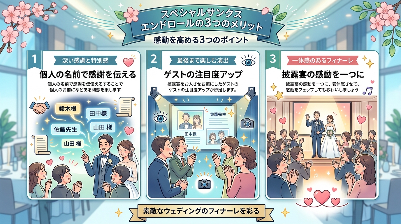 結婚式エンドロールでSpecial Thanksコーナーを入れる3大メリット図解
