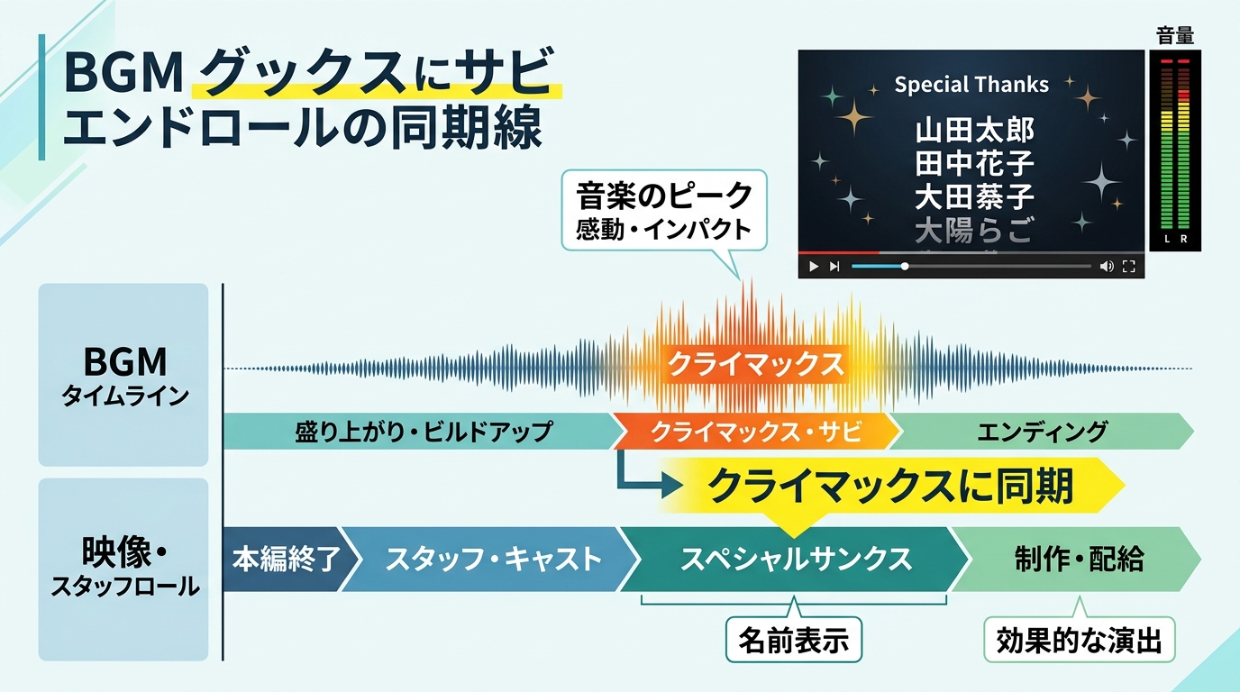 BGMの盛り上がりサビにスペシャルサンクス表示を合わせる音ハメ構成図解