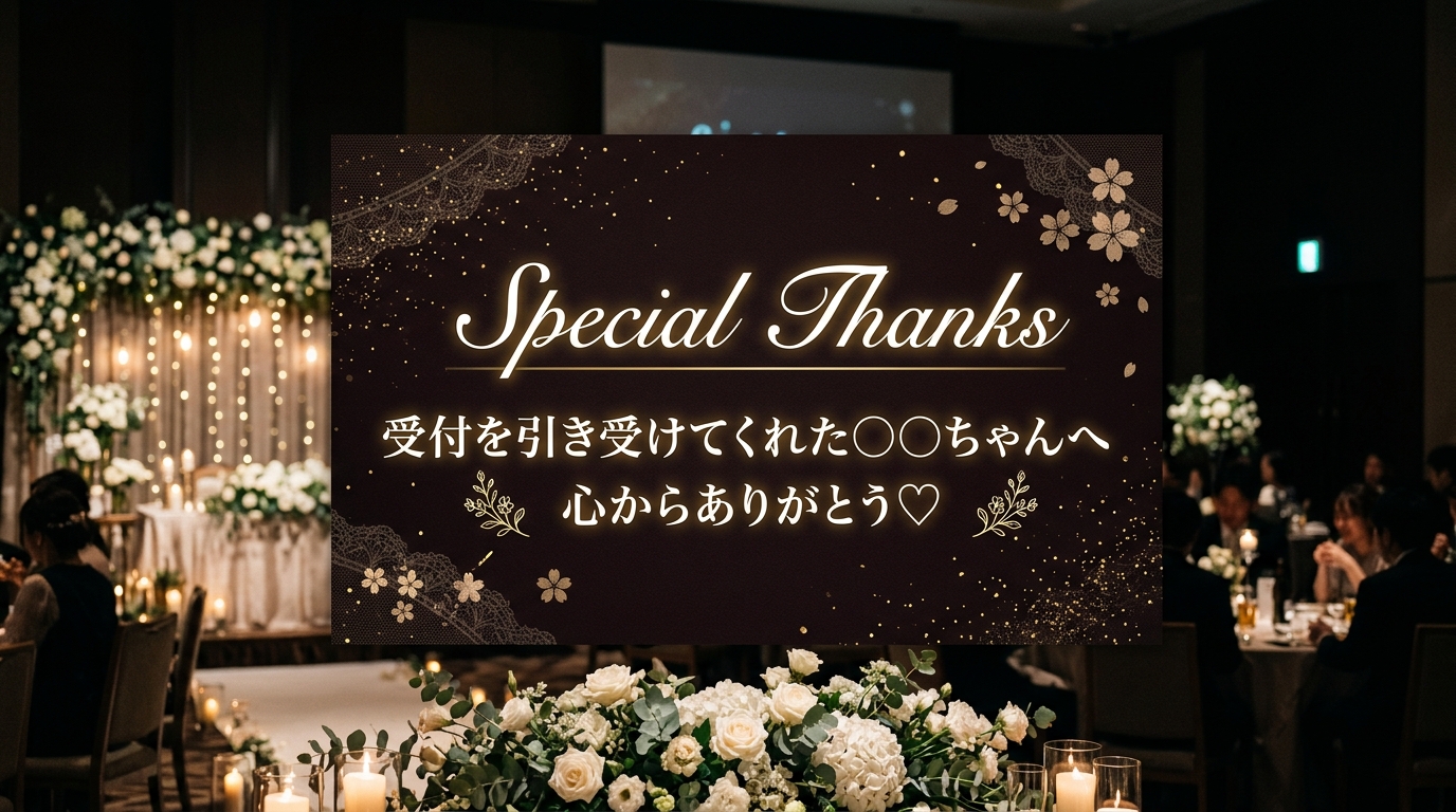 Special Thanksメッセージが流れる結婚式エンドロールの上映画面スチル